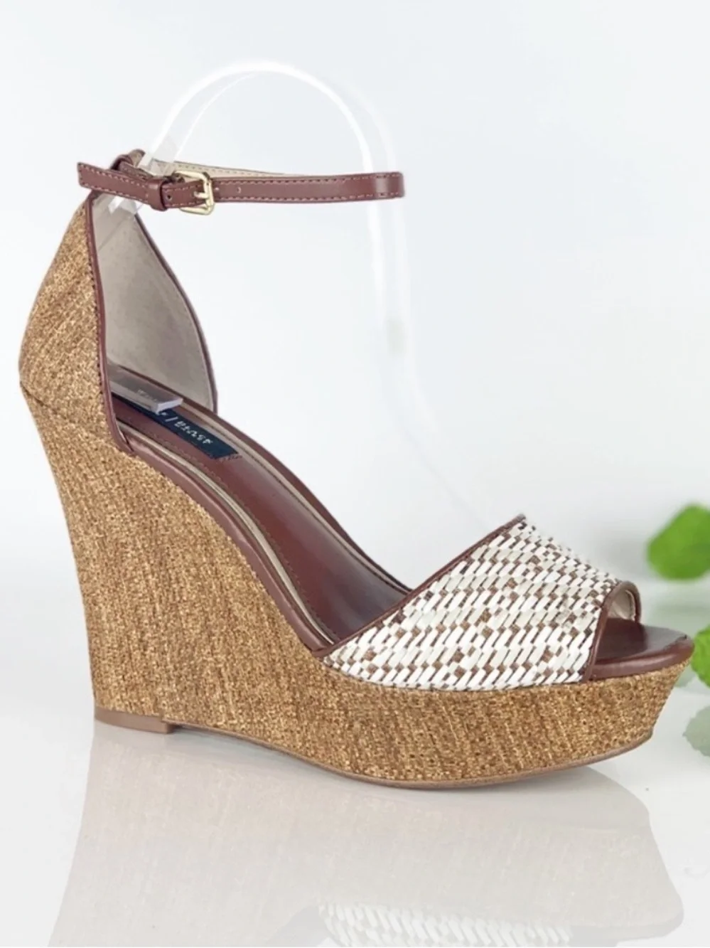 White House Black Market Brown and White Woven Wedge Sandals